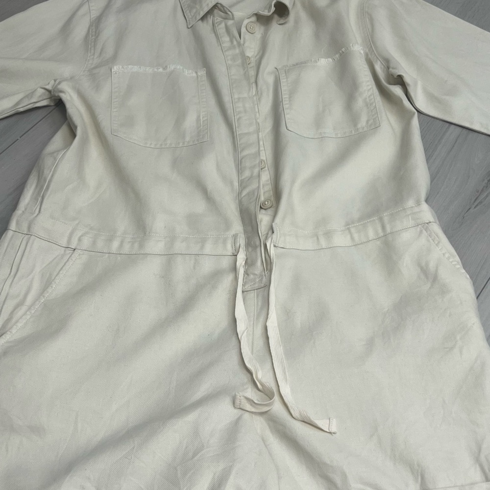 Aerie Utility Romper Sz L Cream Long Sleeve Button Front Drawstring Cotton Twill - Picture 4 of 10